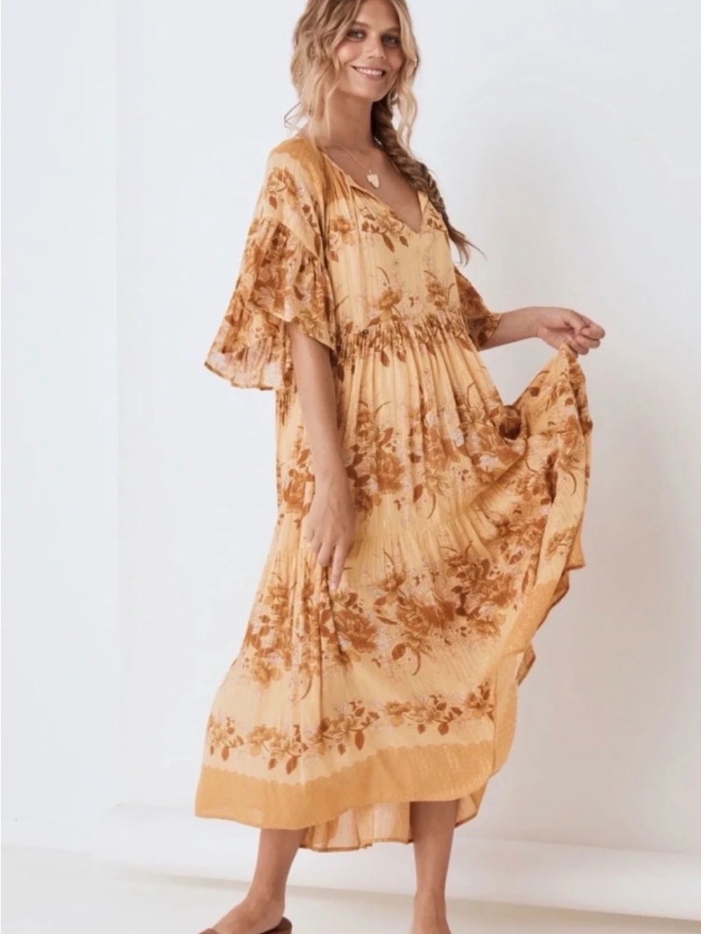Spell Coco Lei Boho Floral Midi Dress in Mustard Yellow and Brown